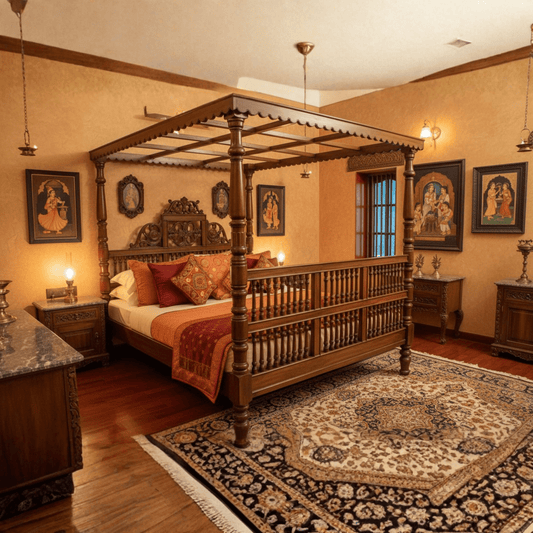 Handcrafted Chettinad style teakwood canopy bed in royal Indian bedroom