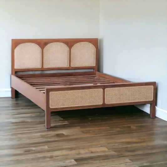 Custom Teak Scandinavian Bed with Natural Wicker Headboard - TimberCraft