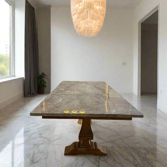 Customised Teak Wood Dining Table With Italian Marble Top TDT - 3301 - TimberCraft