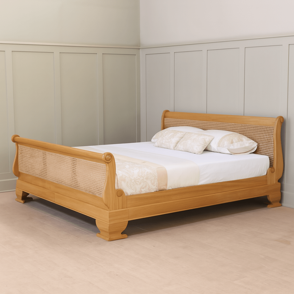 Wooden bed with white bedding in a room with paneled walls.