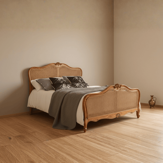 French Style Single Super king Noridc Rustic Antique King Queen Size teak Wooden Rattan Bed - TimberCraft