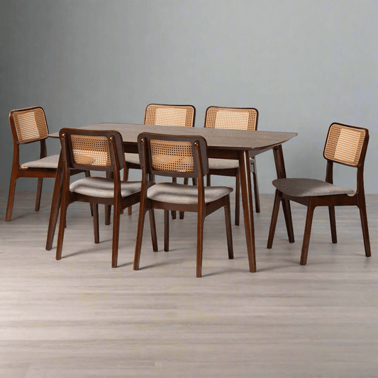 Inviting Mid - Century Charm: Teak Dining Set with Rattan Accents - TimberCraft