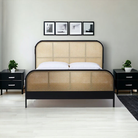 Modern King - Size Bed with Rattan Headboard for Boho Charm - TimberCraft