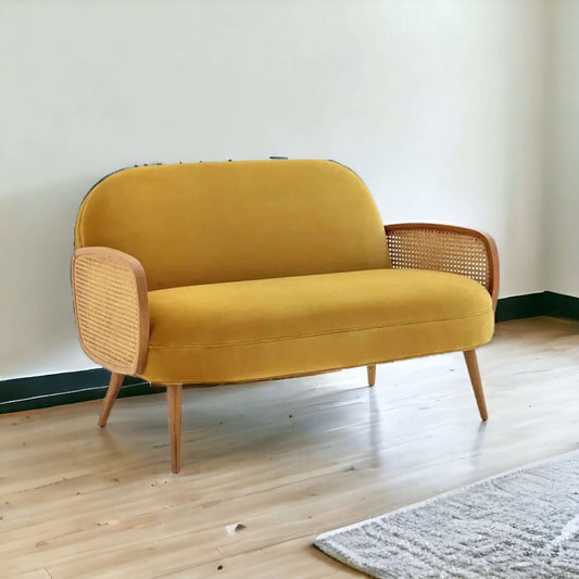 Modern Mini Sofa: Rattan Arms & Teak Frame - TimberCraft