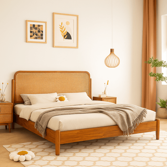 Wooden bed with wicker headboard in a bedroom setting