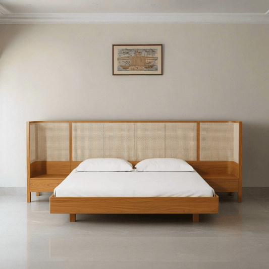 Solid teak wood bed with extended woven rattan headboard and side panels in natural finish