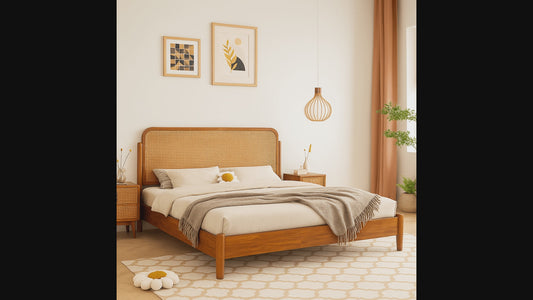 Premium Teak Wood Rattan Bed with Matching Bedside Tables – Handcrafted