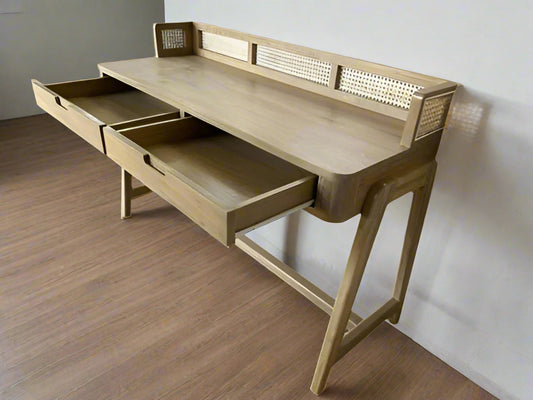 Solid teakwood study table with rattan back and open storage drawers
