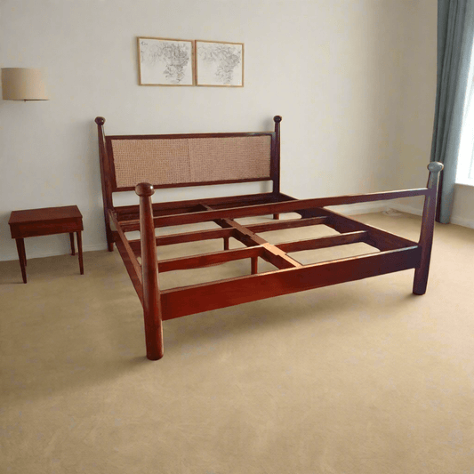 Teak Four Poster Bed With Rattan Head Panel - TimberCraft