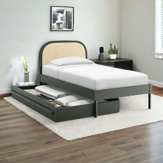 Teak & Natural Cane Twin Trundle Bed for Kids - TimberCraft