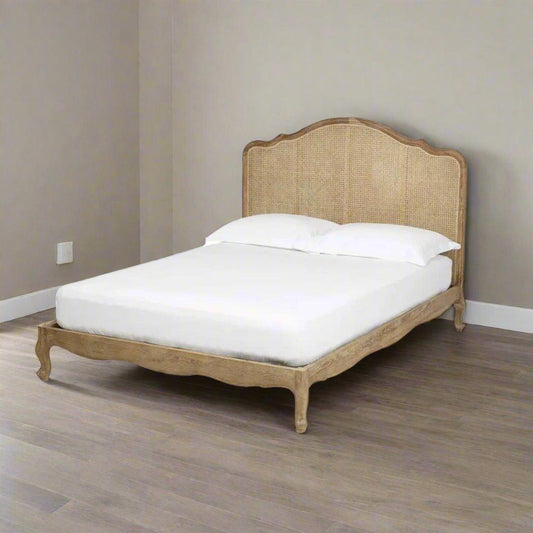 Teak Wood Bed with Rattan Accents | French Country Elegance - TimberCraft