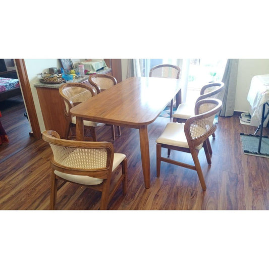 Teak Wood Dining Table Set With 6 Rattan chairs - TimberCraft