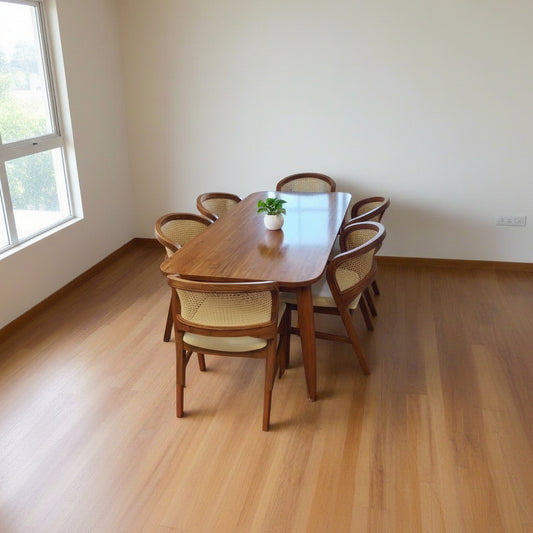 Teak Wood Dining Table Set With 6 Rattan chairs - TimberCraft