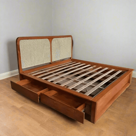 Teak wood king size bed with rattan weaving and storage - TimberCraft