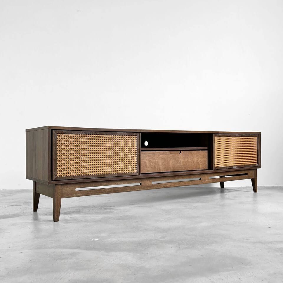 TV Console (Solid Teak Wood + Rattan Panel) - TimberCraft