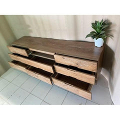rustic teak TV unit from Souren Furniture is the perfect addition to any living area. With 8 drawers