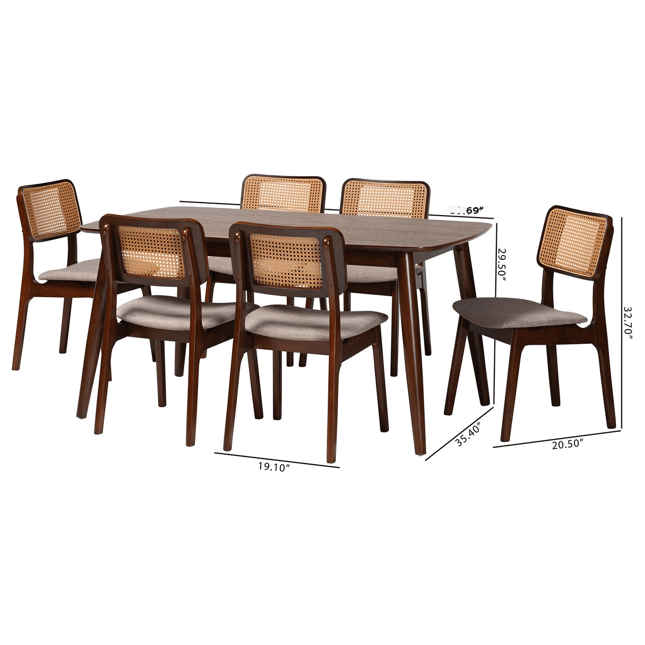 Inviting Mid-Century Charm: Teak Dining Set with Rattan Accents Dimensions