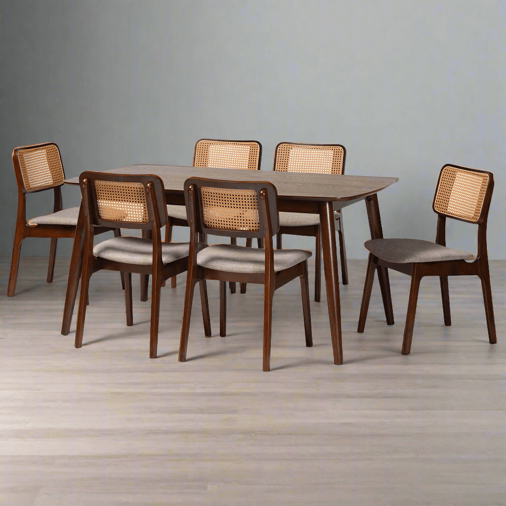 Inviting Mid-Century Charm: Teak Dining Set with Rattan Accents