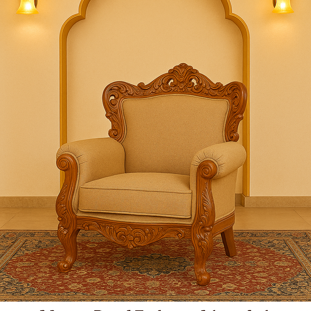 Intricately carved Mysore Royal teakwood armchair with fabric upholstery