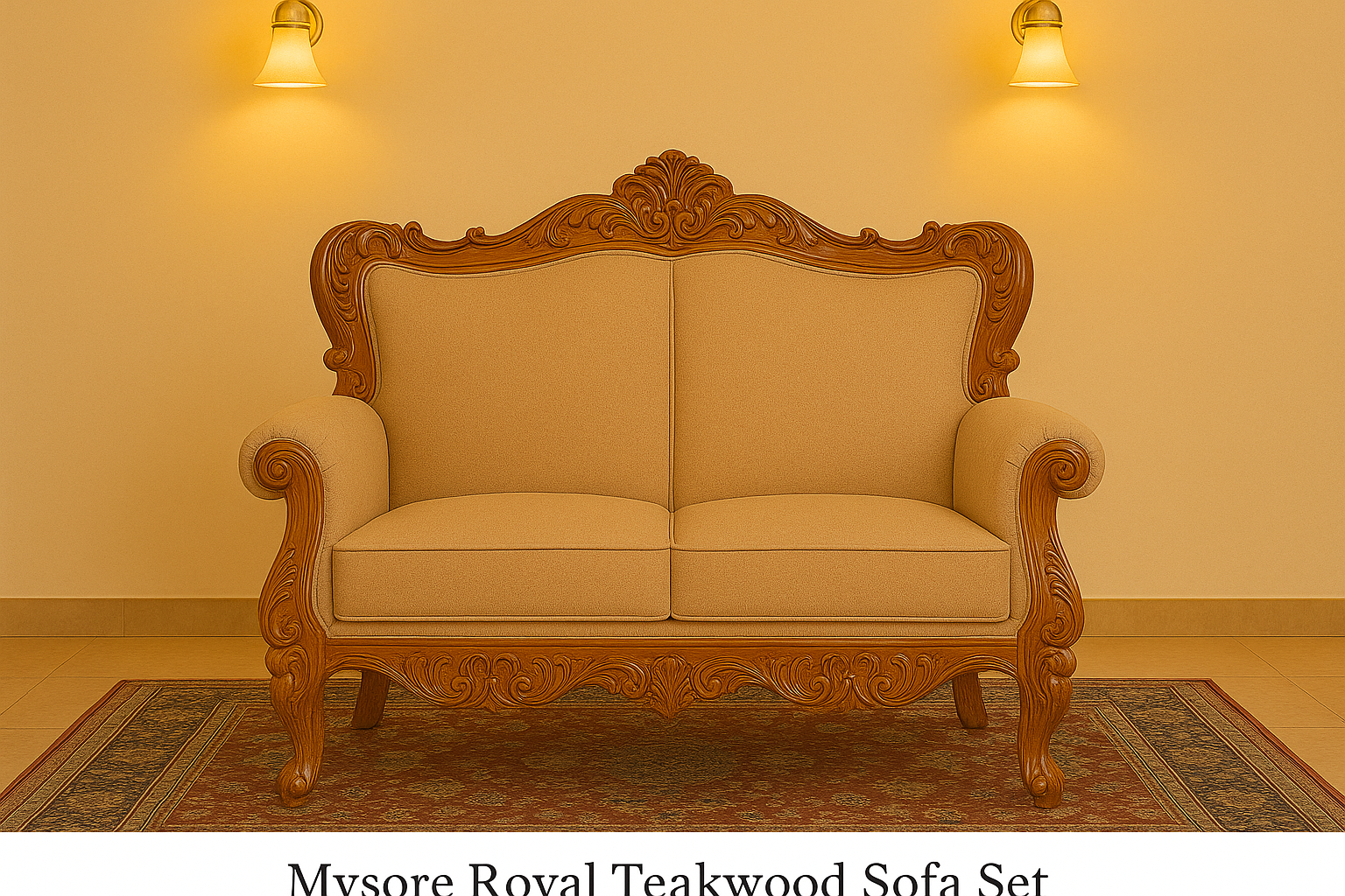 Classic Mysore Royal 2-seater teakwood loveseat with beige cushions