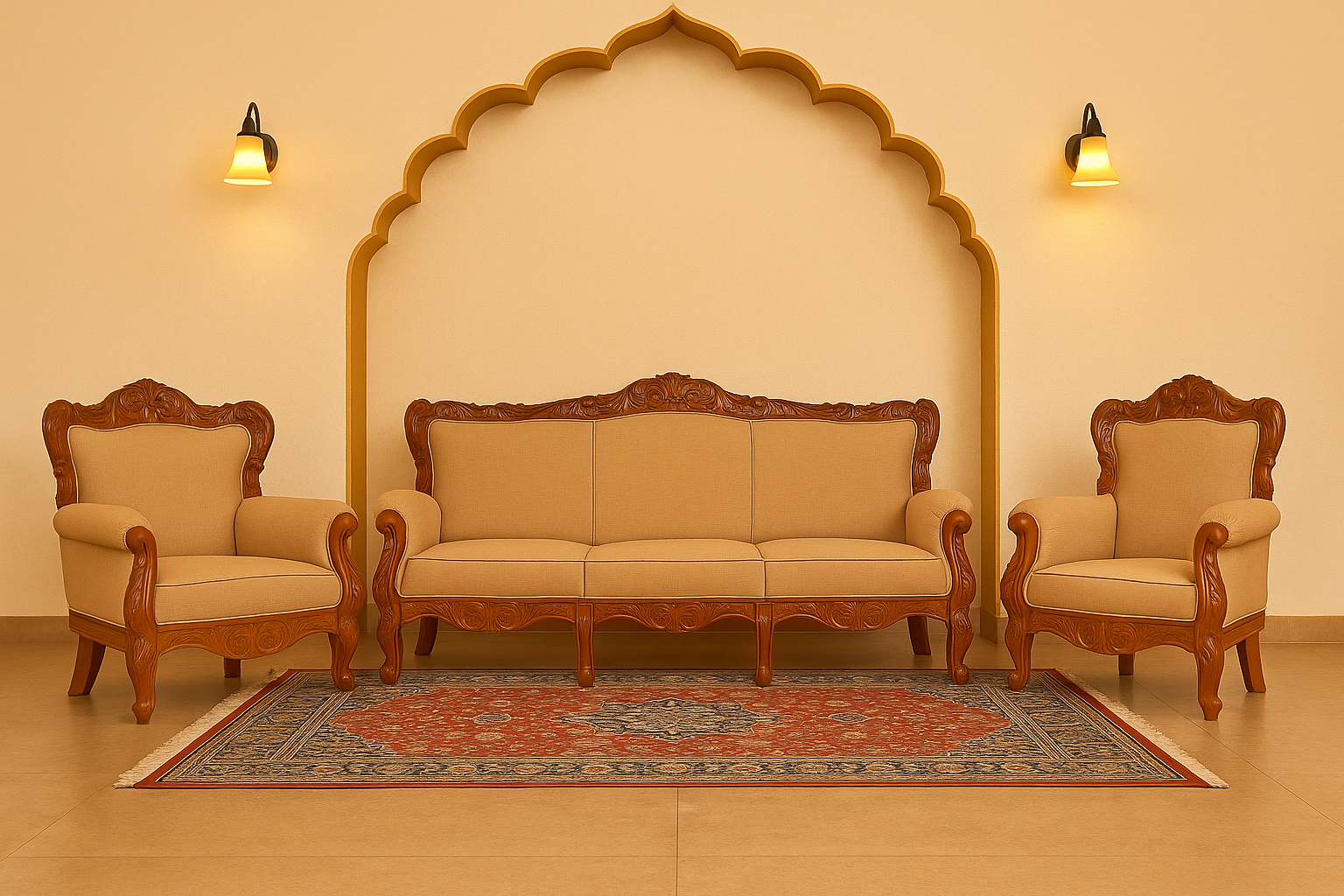 Mysore Royal teakwood 3+1+1 sofa set with hand-carved detailing