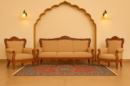 Mysore Royal teakwood 3+1+1 sofa set with hand-carved detailing
