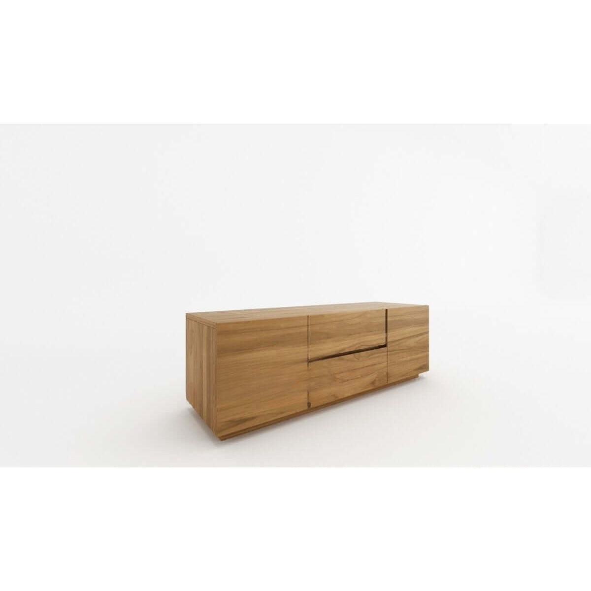 Teak Modern TV Stand consists of 2 built-in pull-out drawers, 2 open-close doors, natural teak finish.