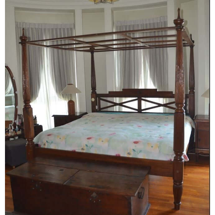 Vintage Colonial 4 Poster Canopy Bed With a Trunk and Bedside Table