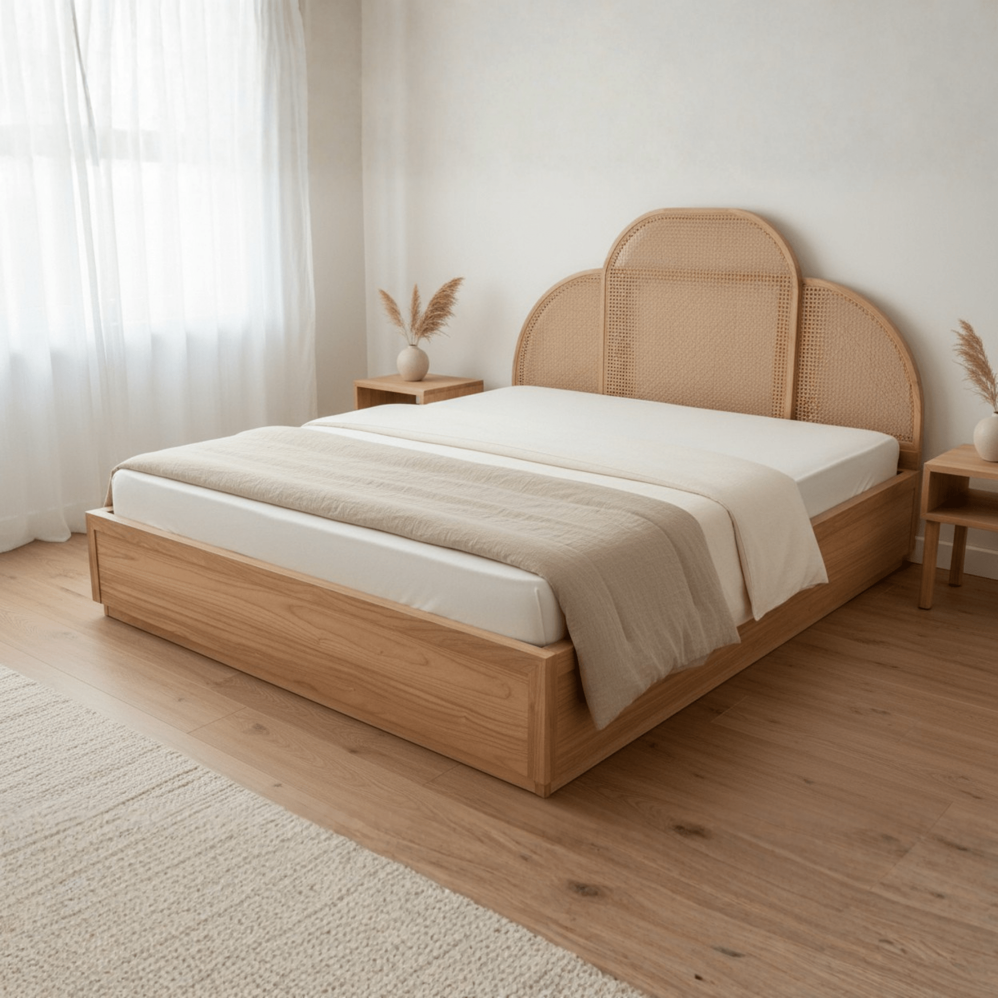 Solid teak wood bed with handcrafted rattan headboard shown in contemporary Indian bedroom interior