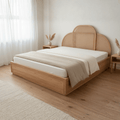 Solid teak wood bed with handcrafted rattan headboard shown in contemporary Indian bedroom interior