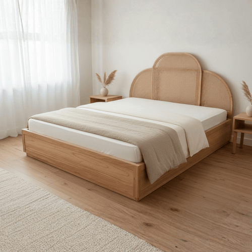 Solid teak wood bed with handcrafted rattan headboard shown in contemporary Indian bedroom interior
