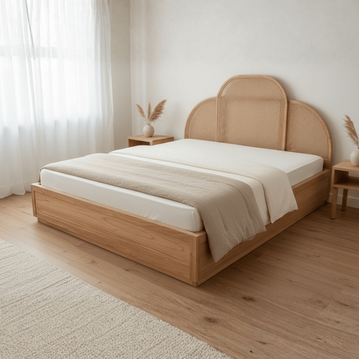 Solid teak wood bed with handcrafted rattan headboard shown in contemporary Indian bedroom interior