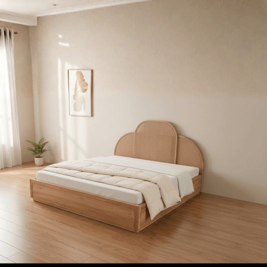 Solid teak wood bed with handcrafted rattan headboard shown in contemporary Indian bedroom interior