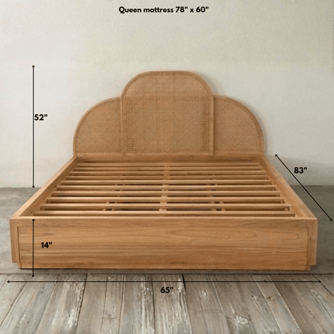 Queen size teak wood rattan bed frame dimensions for 78 x 60 inch mattress with outer measurements