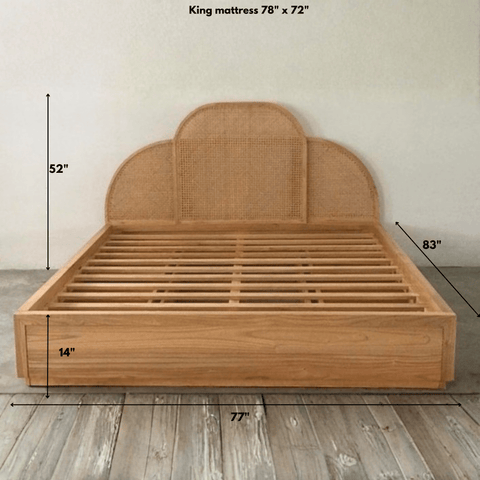 King size teak wood rattan bed frame dimensions for 78 x 72 inch mattress with outer measurements