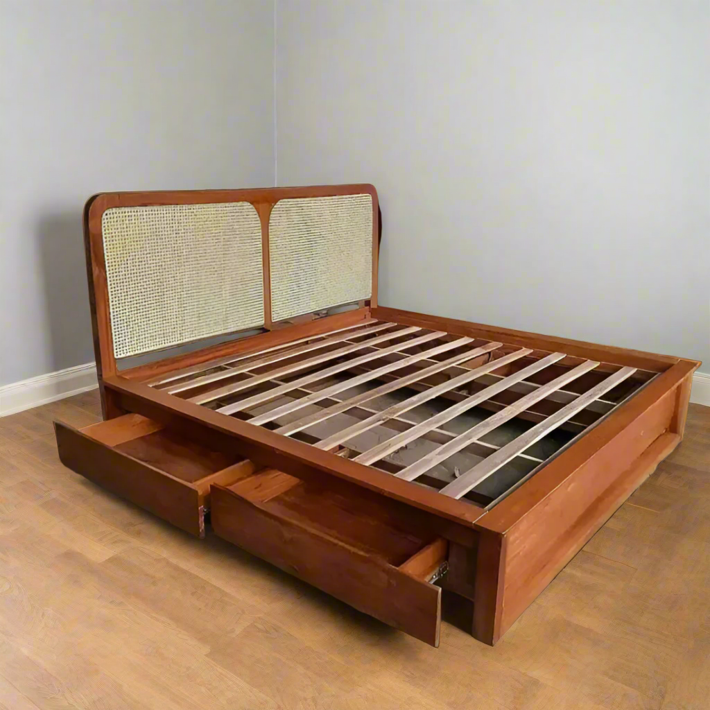 Teak wood king size bed with rattan weaving and storage