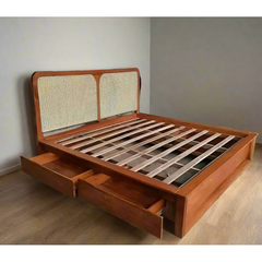 Teak wood king size bed with rattan weaving and storage