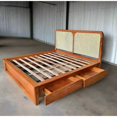 Teak wood king size bed with rattan weaving and storage