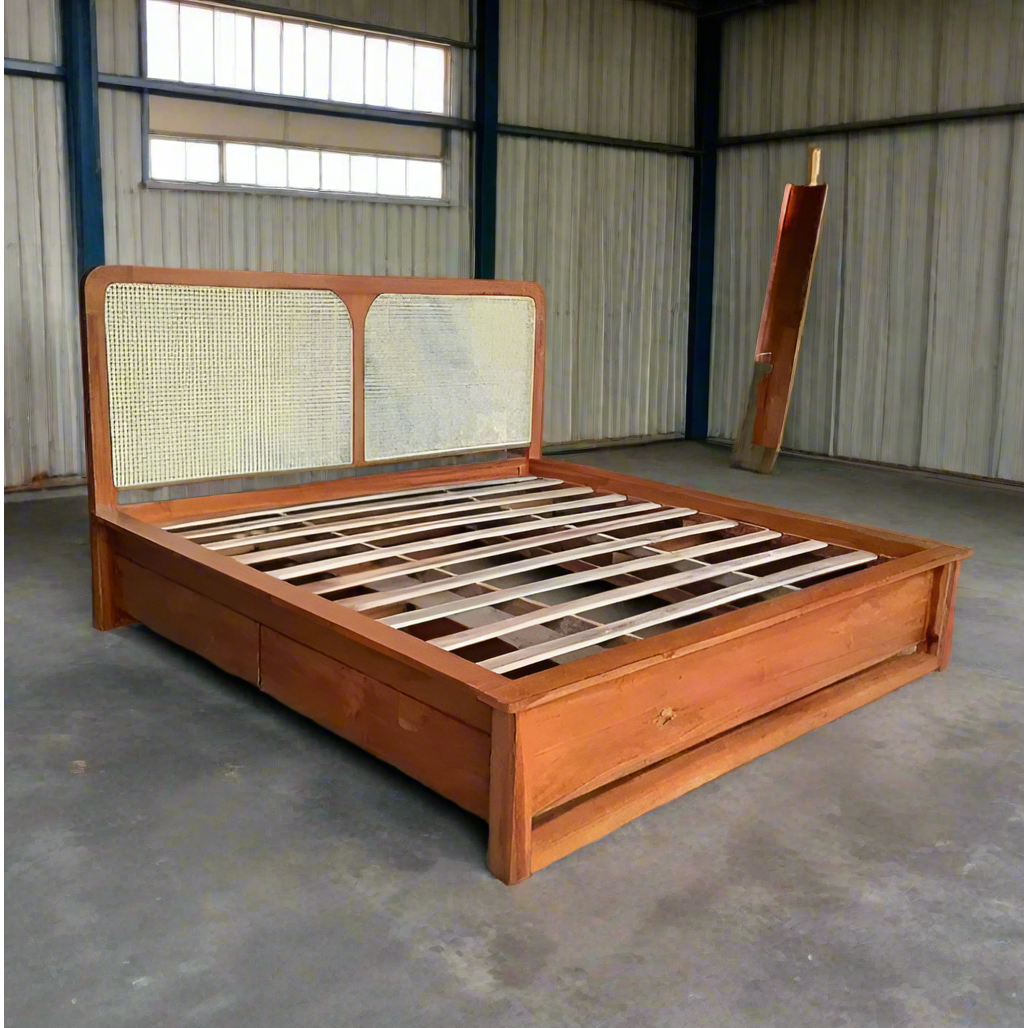 Teak wood king size bed with rattan weaving and storage