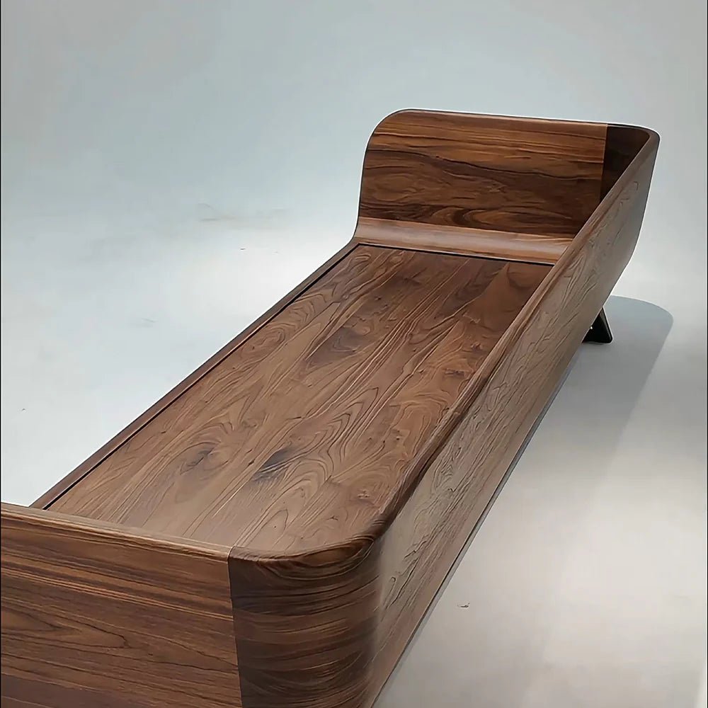 Wooden bed with a modern design on a white background