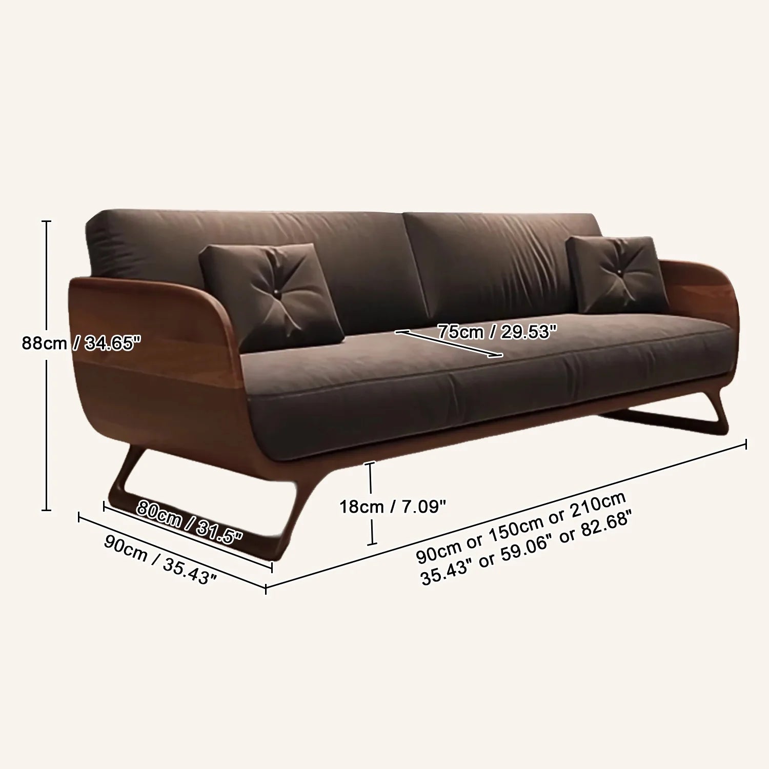 Brown sofa with dimensions marked on a white background