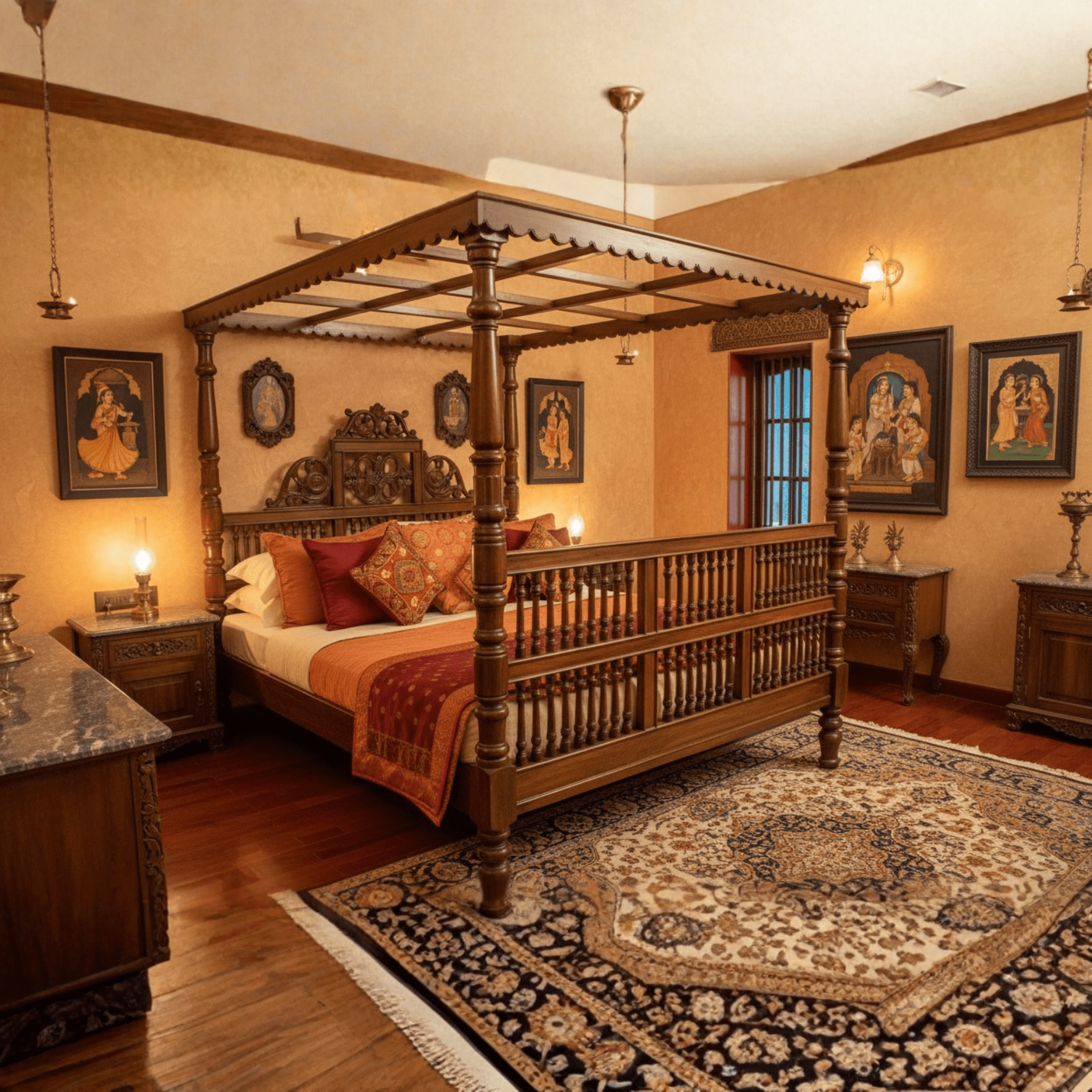 Handcrafted Chettinad style teakwood canopy bed in royal Indian bedroom