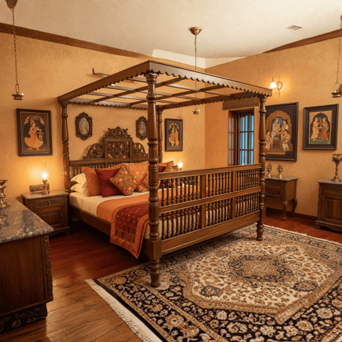Handcrafted Chettinad style teakwood canopy bed in royal Indian bedroom