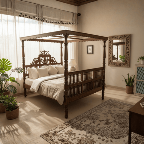 Traditional royal canopy bed made from solid teak wood