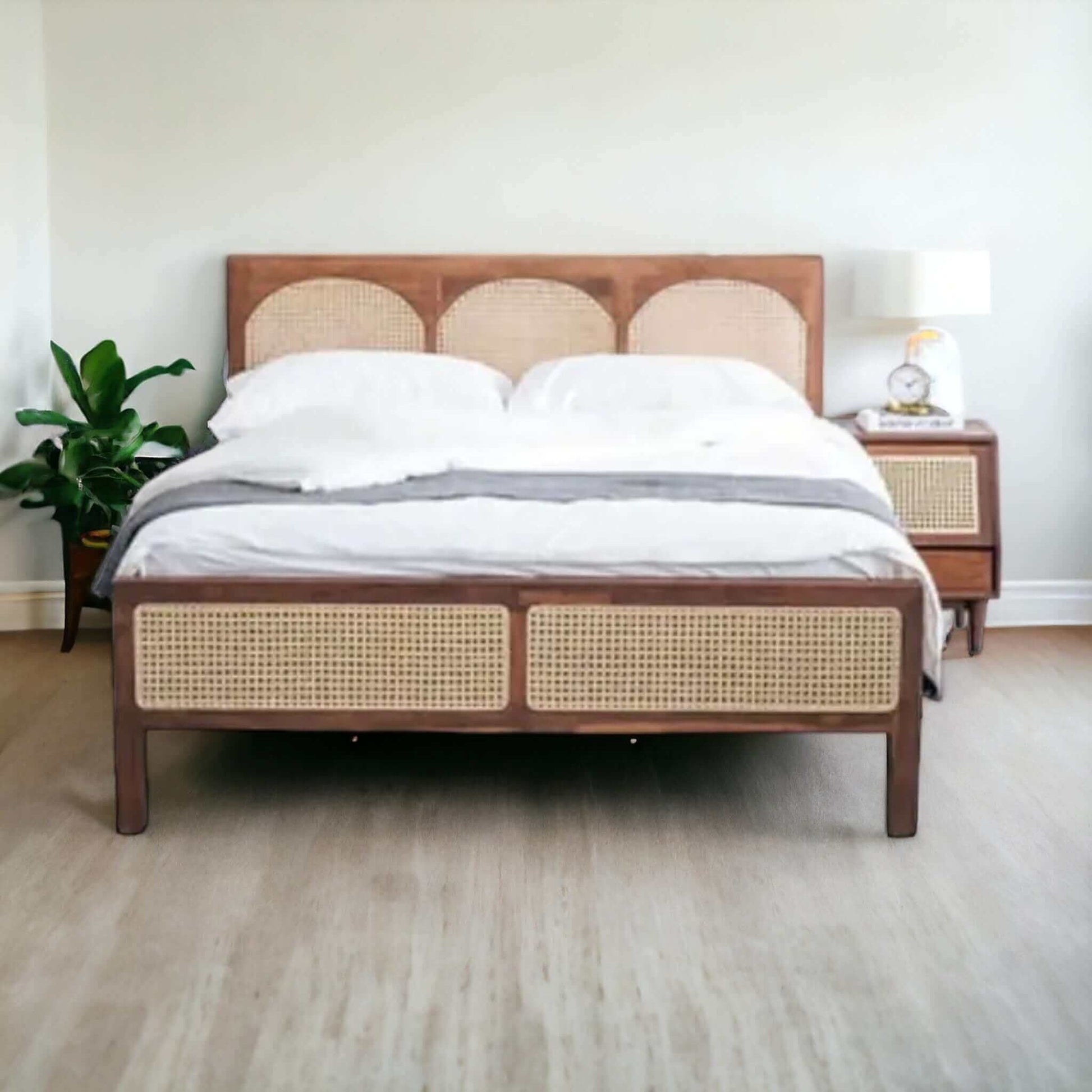Custom Teak Scandinavian Bed with Natural Wicker Headboard - TimberCraft