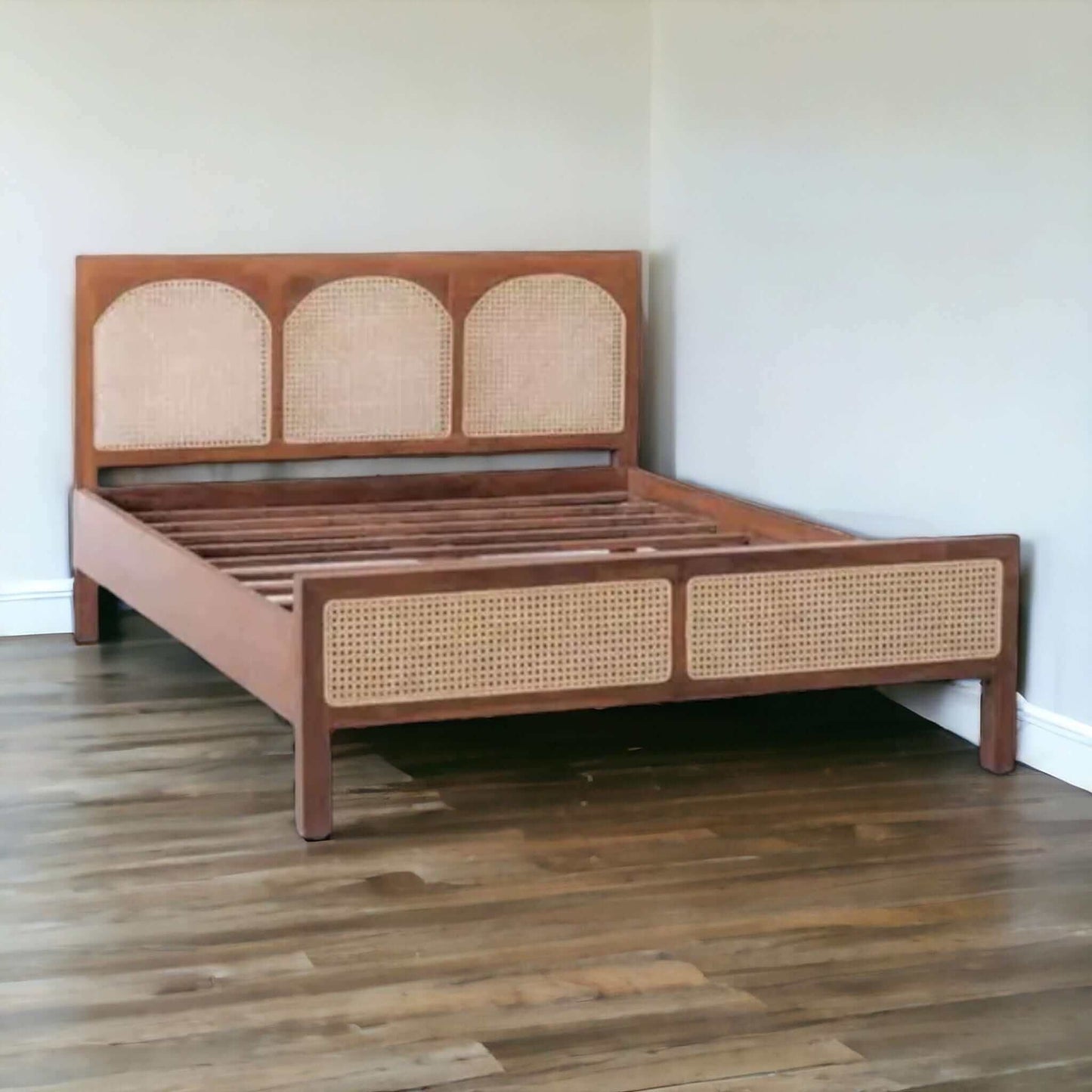 Custom Teak Scandinavian Bed with Natural Wicker Headboard - TimberCraft