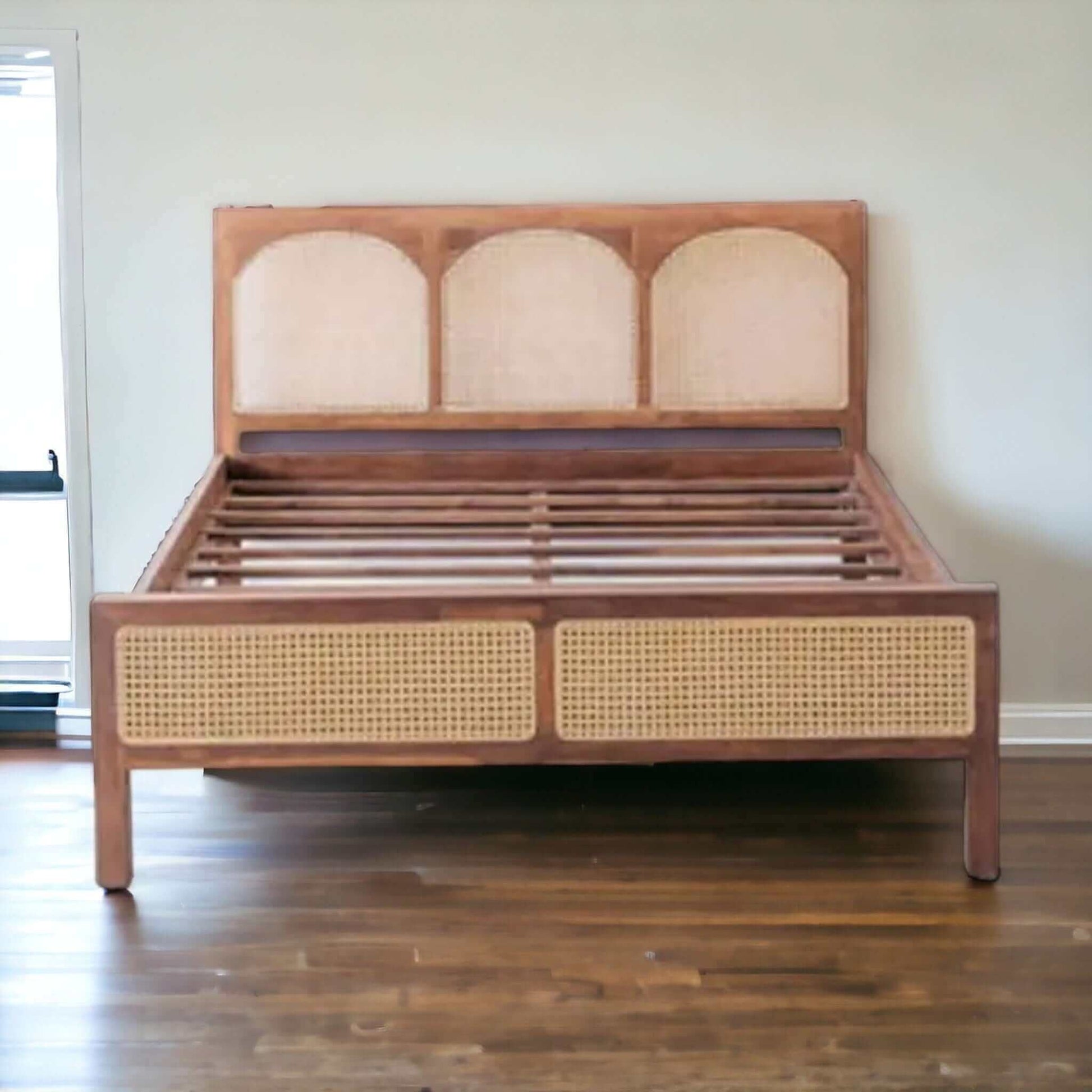 Custom Teak Scandinavian Bed with Natural Wicker Headboard - TimberCraft