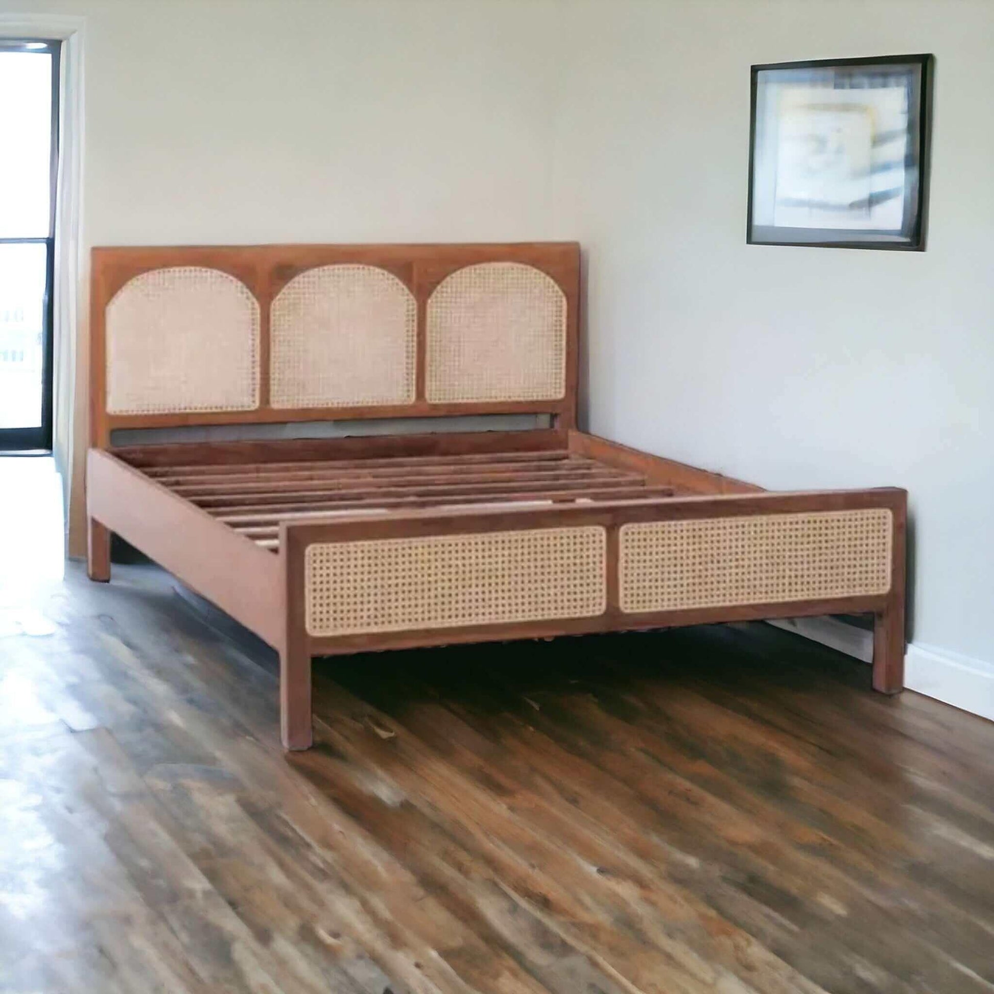 Custom Teak Scandinavian Bed with Natural Wicker Headboard - TimberCraft