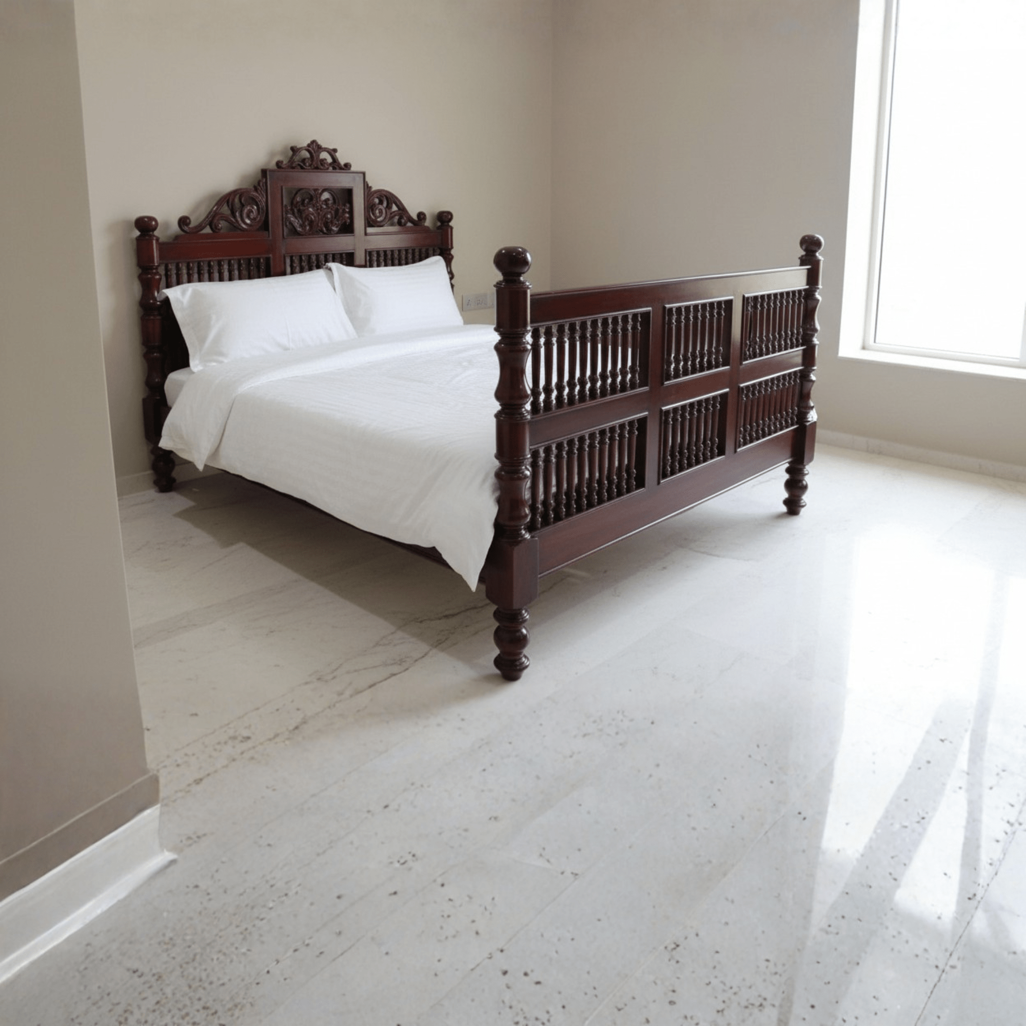 Solid teak wood bed with carved South Indian headboard in a modern bedroom