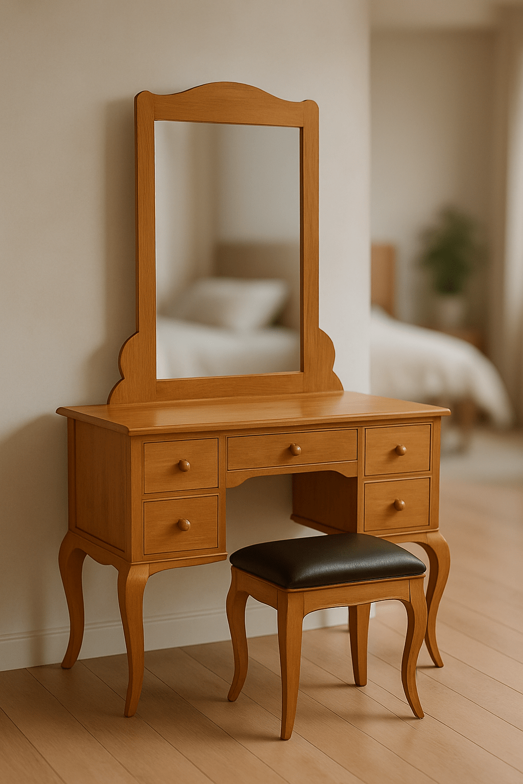 DST - 1001 Premium Teak Dressing Table – Handcrafted Vanity Set with Chair | Custom Finish Options - TimberCraft